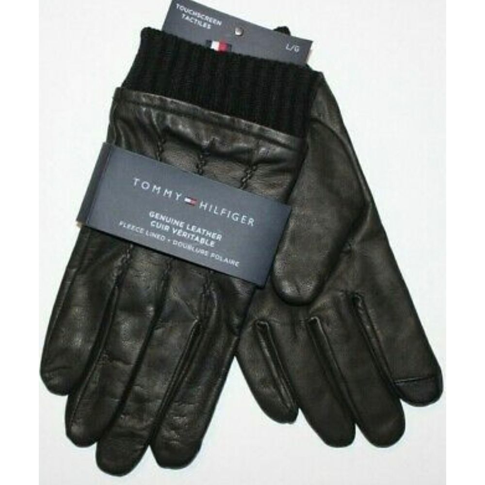 Tommy Hilfiger Leather touch screen Black Gloves Knit Cuff Men's
